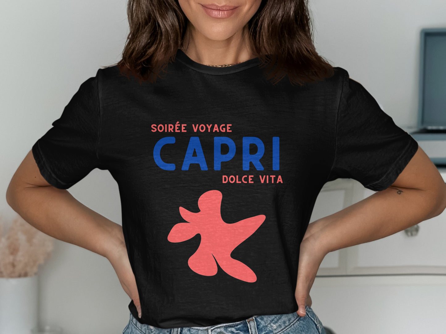 Black t-shirt with "CAPRI DOLCE VITA" and red abstract graphic.