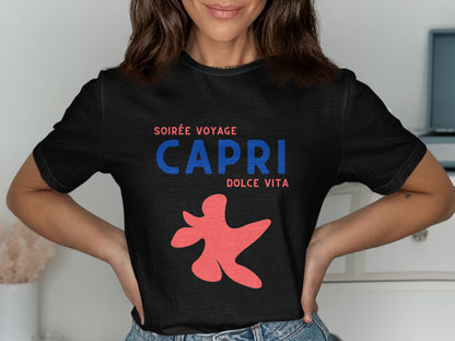 Black t-shirt with "CAPRI DOLCE VITA" and red abstract graphic.