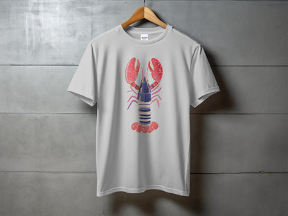 White t-shirt with a colorful lobster graphic.