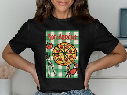 Black t-shirt featuring a pizza slice, crab, and "Bon Appétit" text.