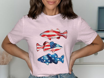 Patriotic American Flag Print Fishes Women's T-Shirt product type