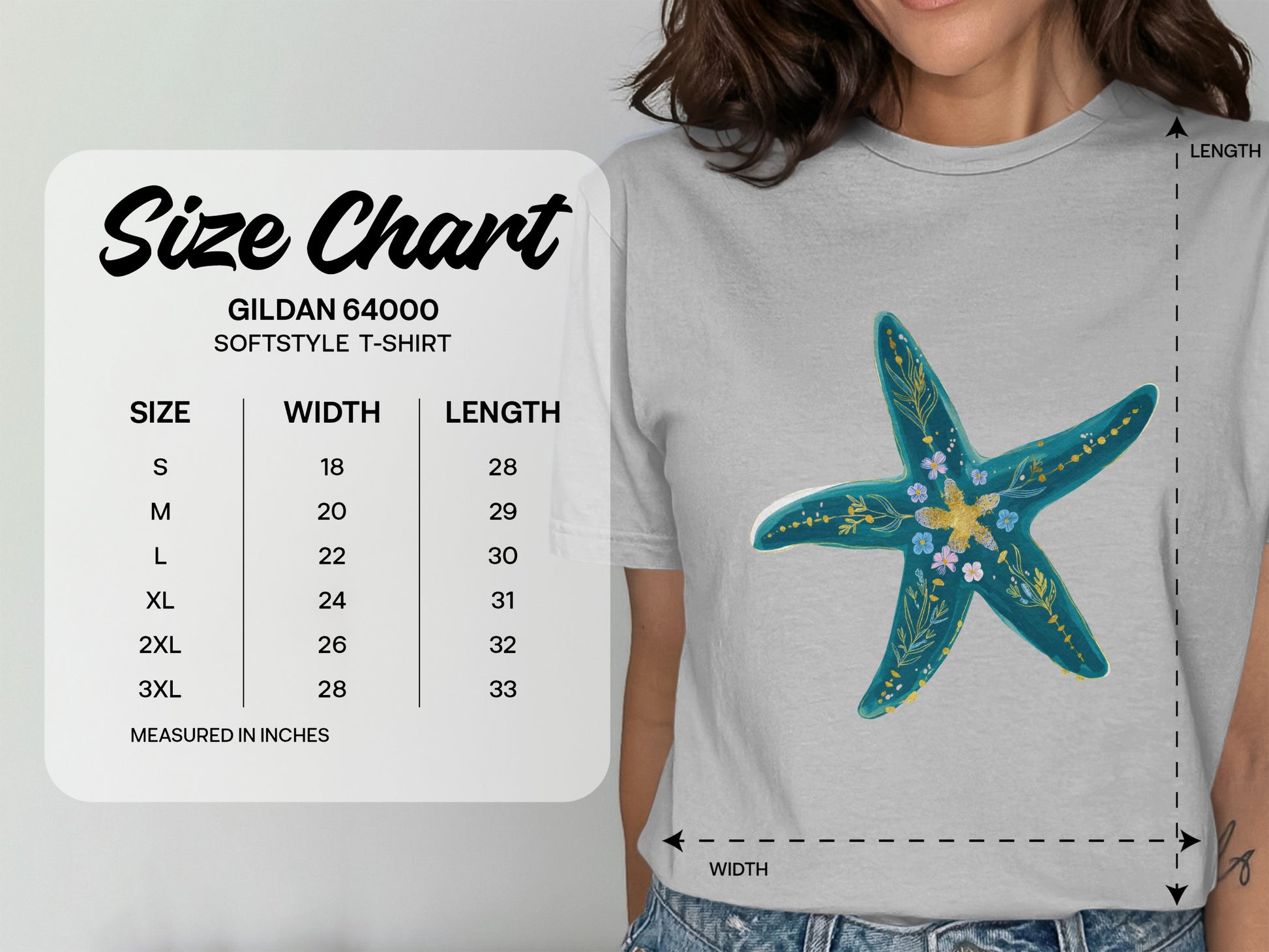 Gildan 64000 Softstyle T-shirt size chart with width and length measurements in inches.