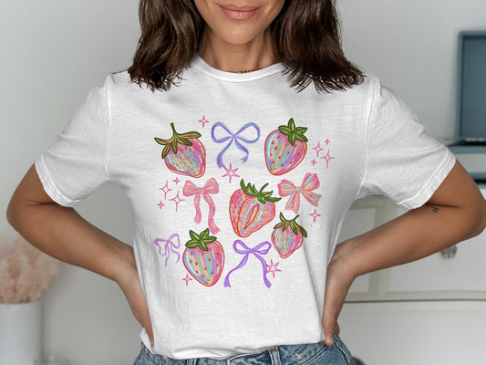Colorful Strawberries and Bows Pattern shirt product type
