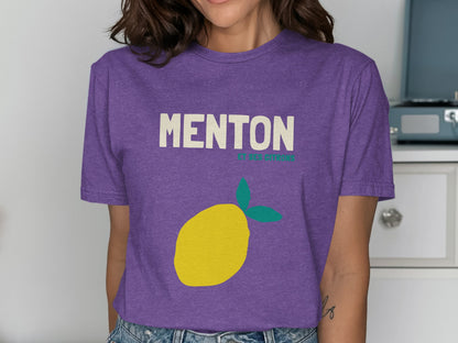 Purple t-shirt with "MENTON ET SES CITRONS" text and a yellow lemon graphic.