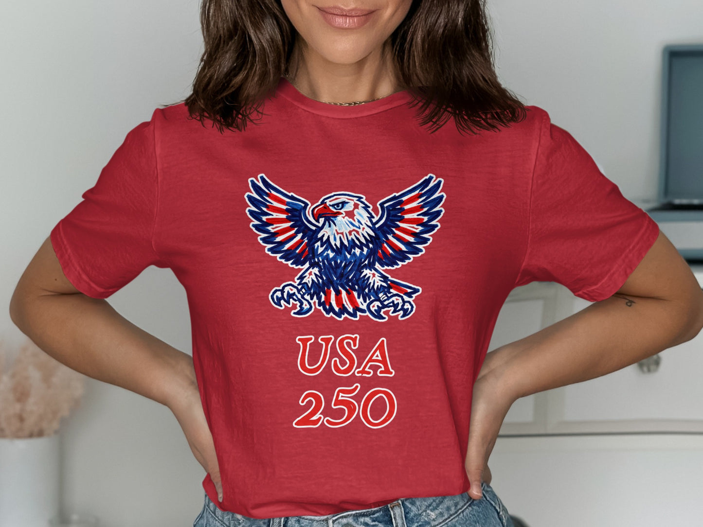 Red t-shirt with a bald eagle and "USA 250" graphic.
