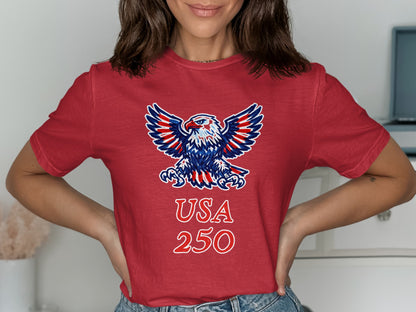 Red t-shirt with a bald eagle and "USA 250" graphic.