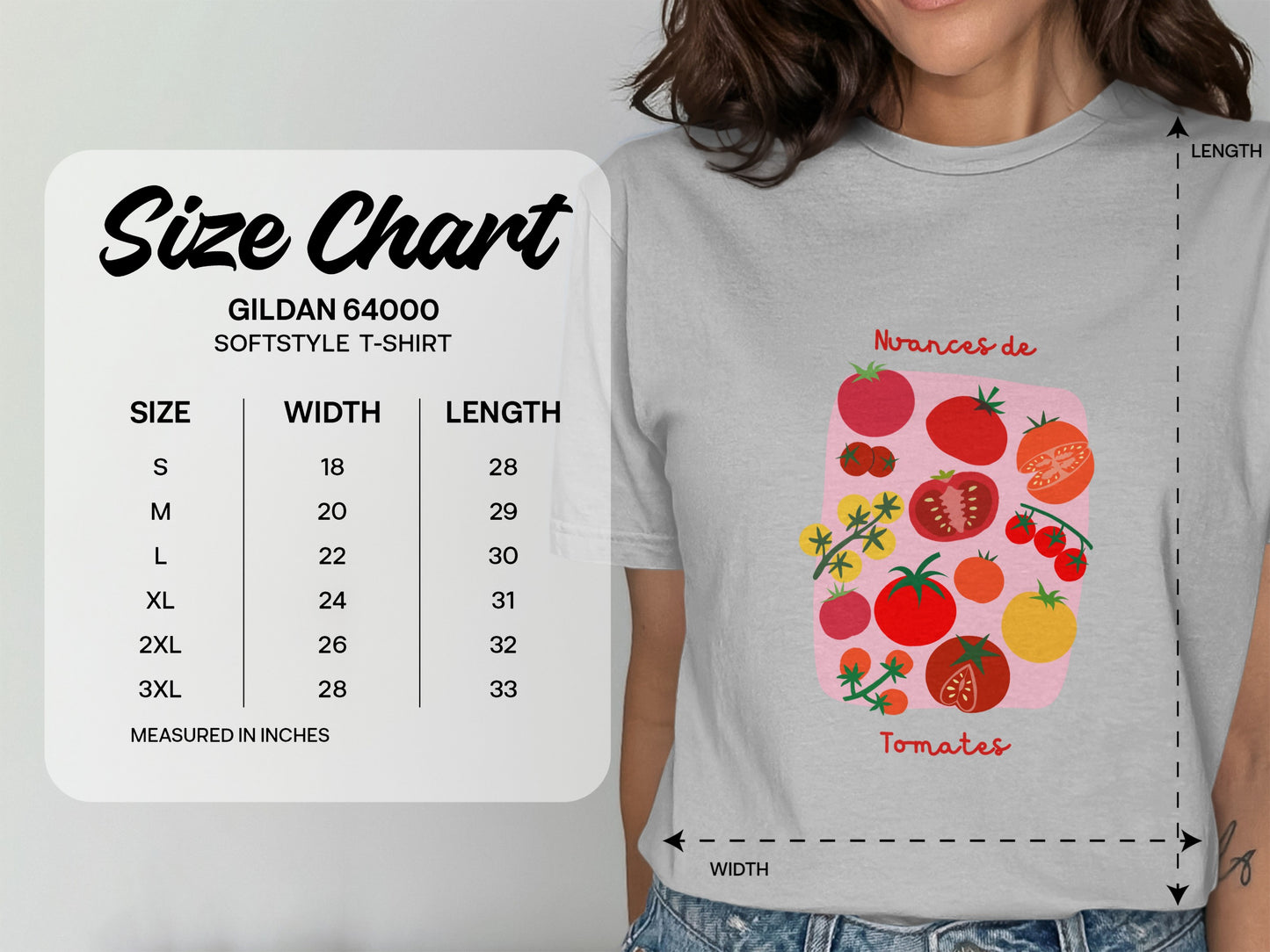 Size chart for Gildan 64000 Softstyle T-Shirt with "Nuances de Tomates" graphic.