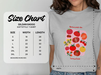 Size chart for Gildan 64000 Softstyle T-Shirt with "Nuances de Tomates" graphic.