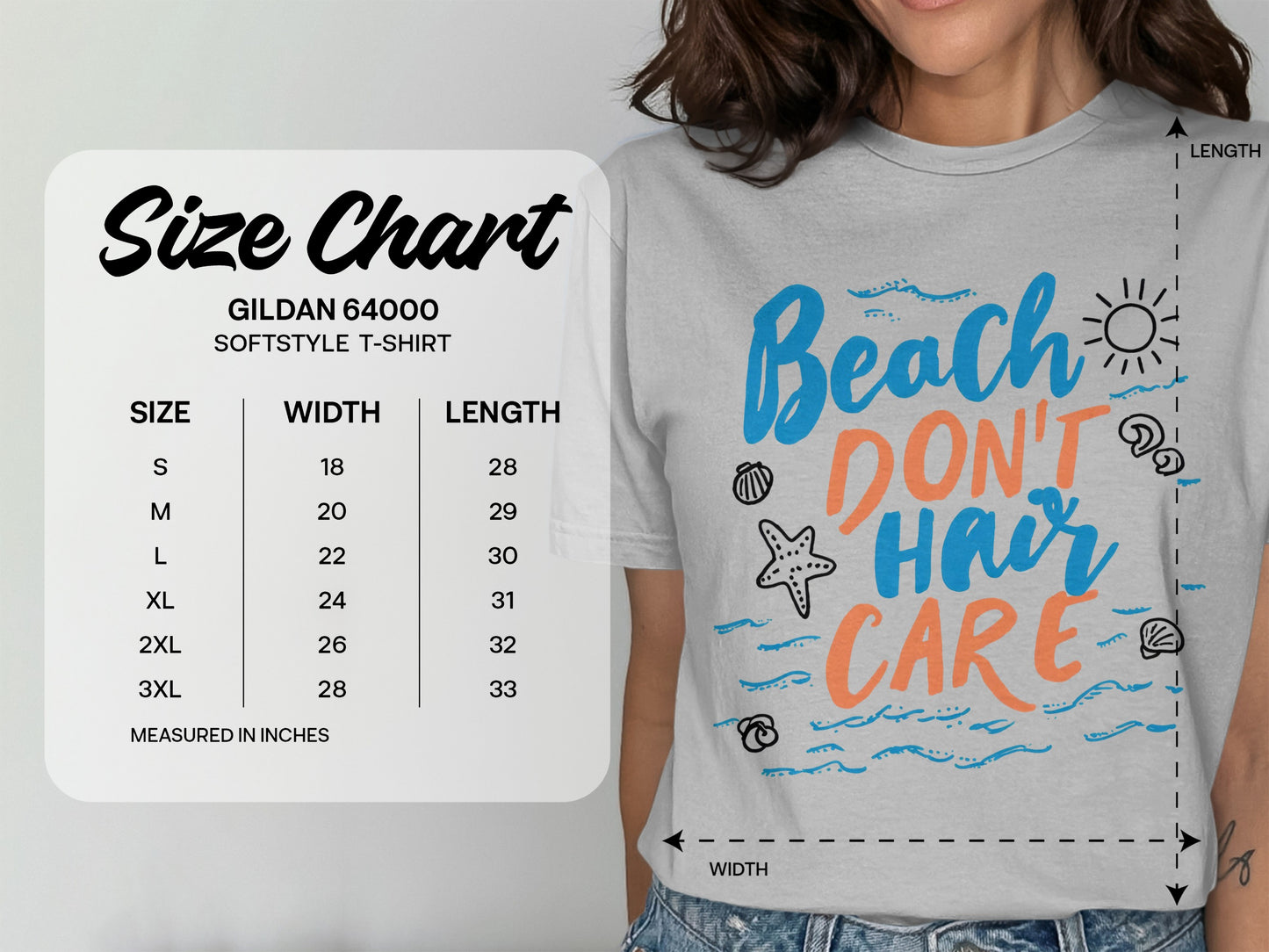 Gildan 64000 size chart for softstyle t-shirts, measuring inches.