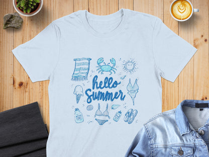 Light blue t-shirt with a "Hello Summer" design featuring beach icons.
