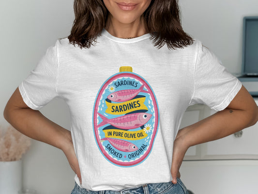 T-shirt with oval graphic depicting three sardines in olive oil.