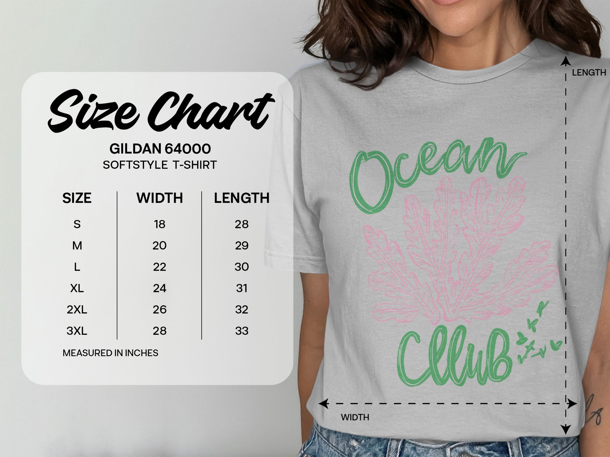 Gildan 64000 Softstyle T-shirt size chart with measurements in inches.