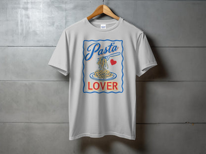 White t-shirt with "Pasta Lover" text and illustration of pasta on a fork.