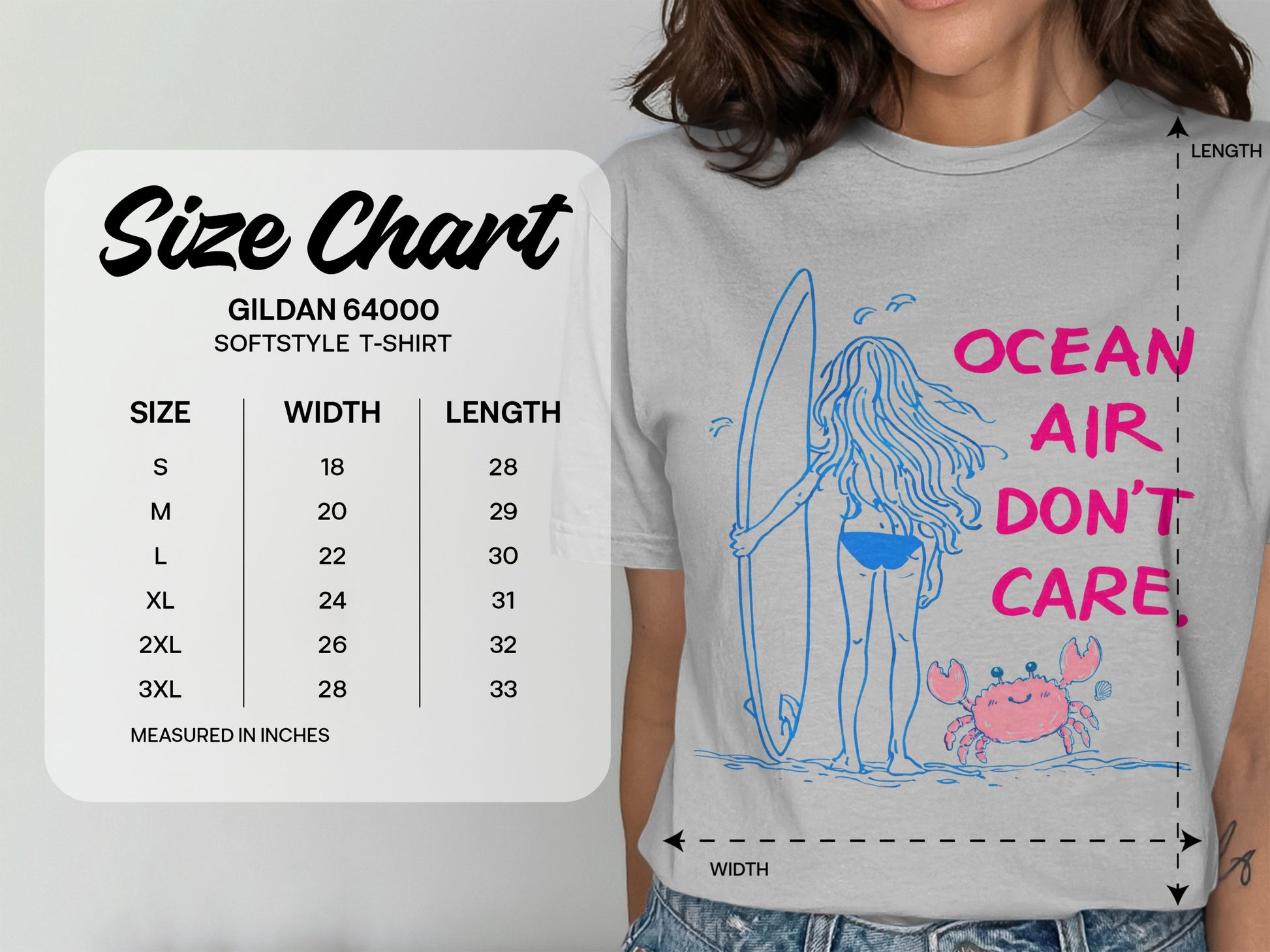 Gildan 64000 Softstyle t-shirt size chart with measurements.
