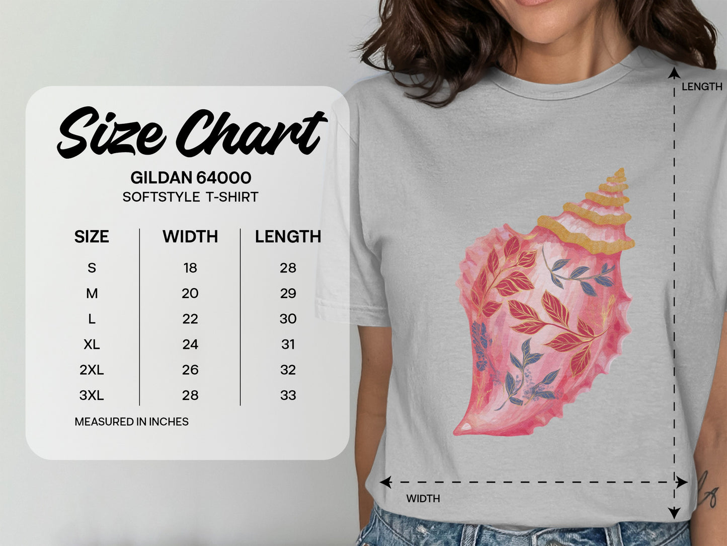Gildan 64000 Softstyle T-shirt size chart with measurements for width and length.