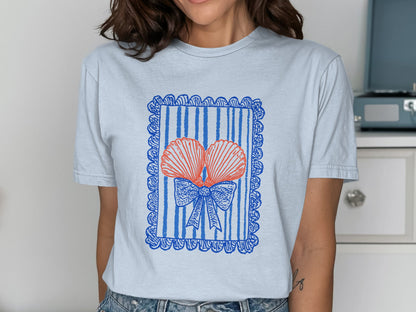 Blue and White Striped Patterned Bow T-Shirt product