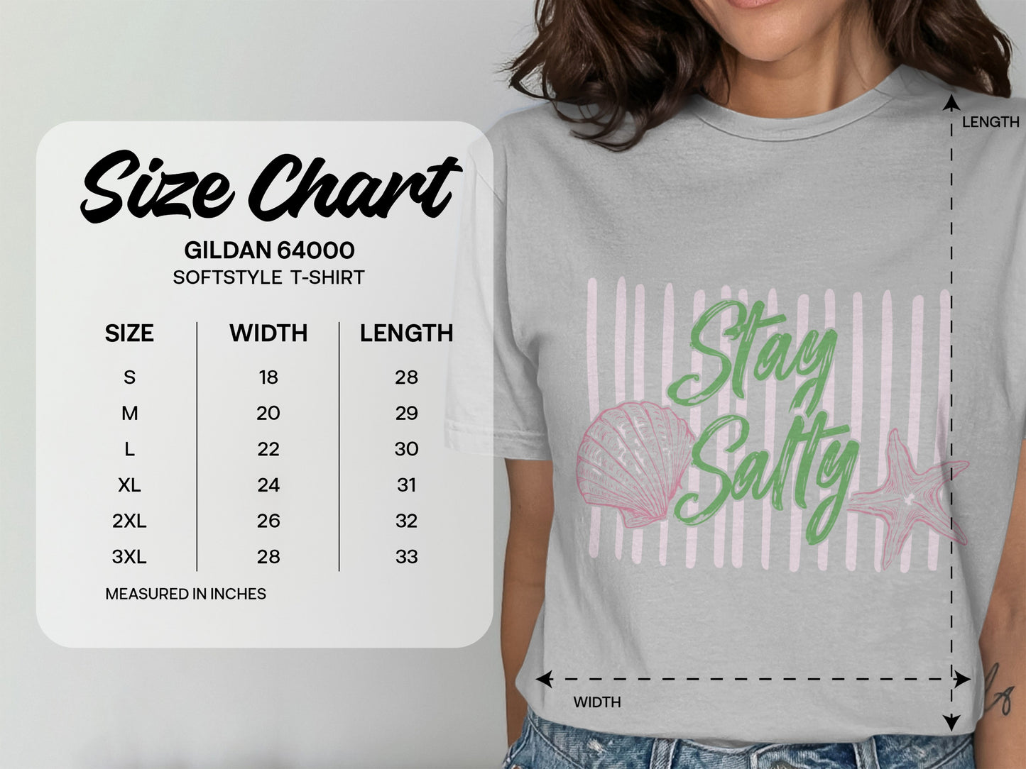 Gildan 64000 t-shirt size chart with dimensions for width and length.
