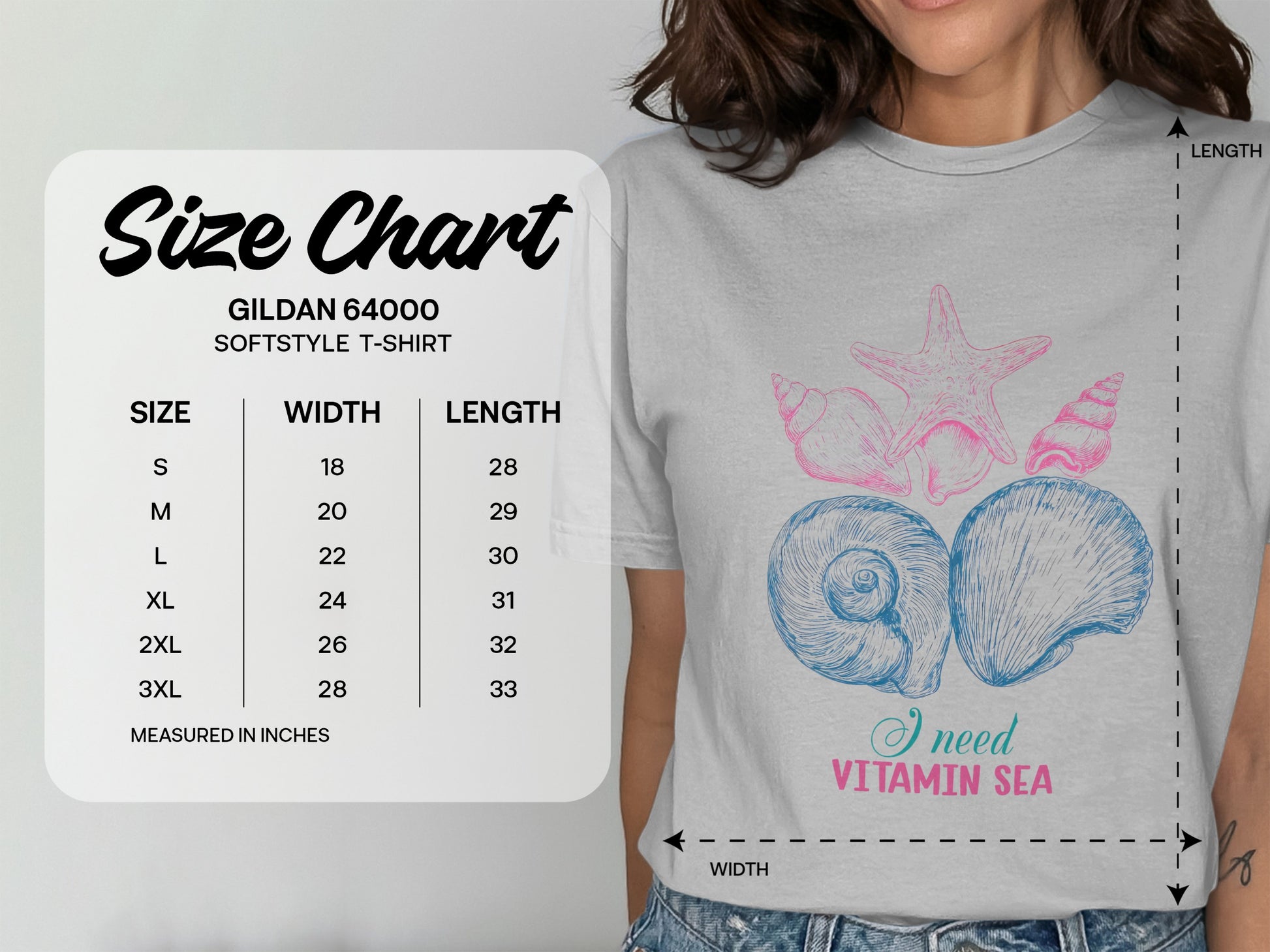 Gildan 64000 softstyle t-shirt size chart with measurements.
