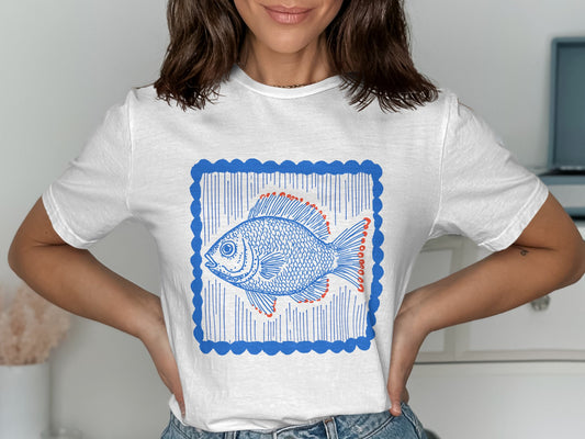 Stylish White T-Shirt with Blue Fish Graphic Design product type