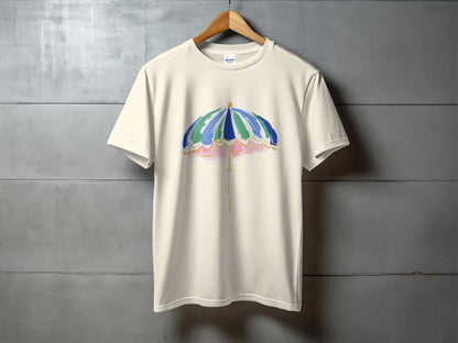 Cream t-shirt with watercolor umbrella design.