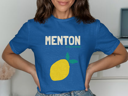 Blue t-shirt with yellow lemon and "Menton et ses citrons" text.