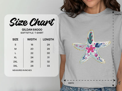 Gildan 64000 Softstyle T-shirt size chart with width and length measurements.