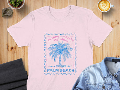 Pink t-shirt with blue palm tree graphic and text "Preppy State of Mind Palm Beach".