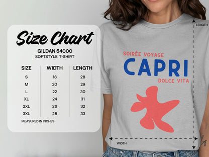 Gildan 64000 softstyle t-shirt size chart with measurements.