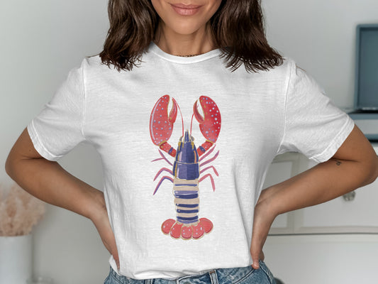 White t-shirt with a stylized blue and red lobster graphic.