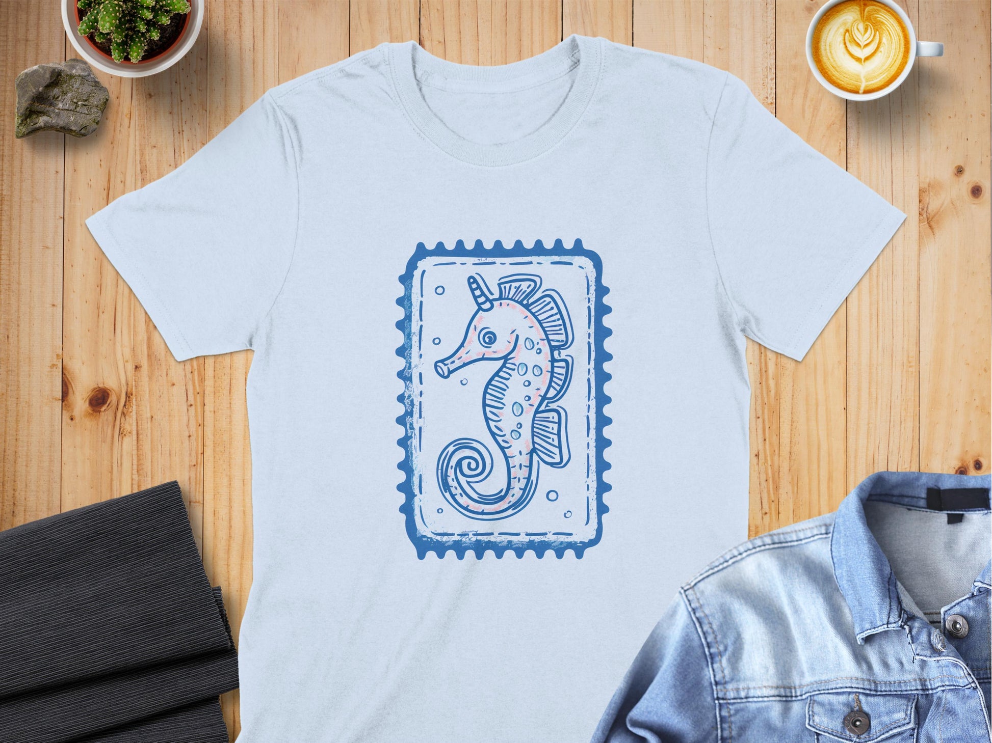 Unique Seahorse Stamp Design on Graphic T-Shirt product