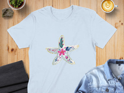 Light blue t-shirt with a floral starfish graphic.