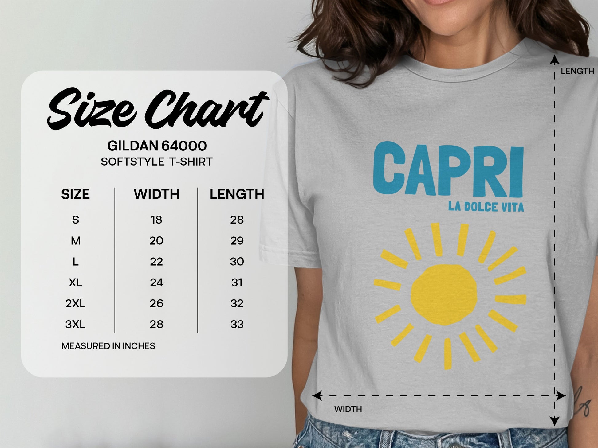 Gildan 64000 softstyle t-shirt size chart with measurements.